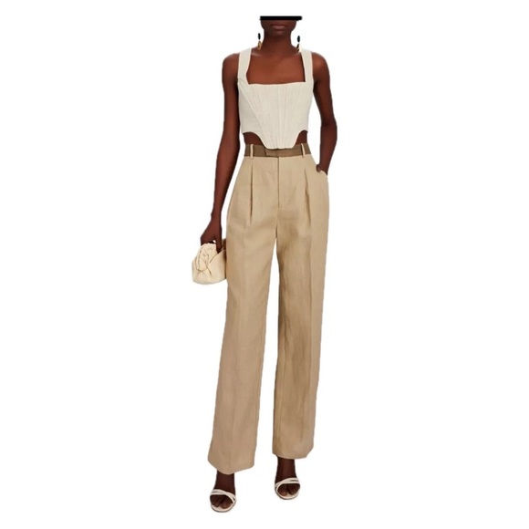 Significant Other High Waisted Pleated Linen Trousers Wide Leg Pants Khaki 6 - Picture 1 of 10